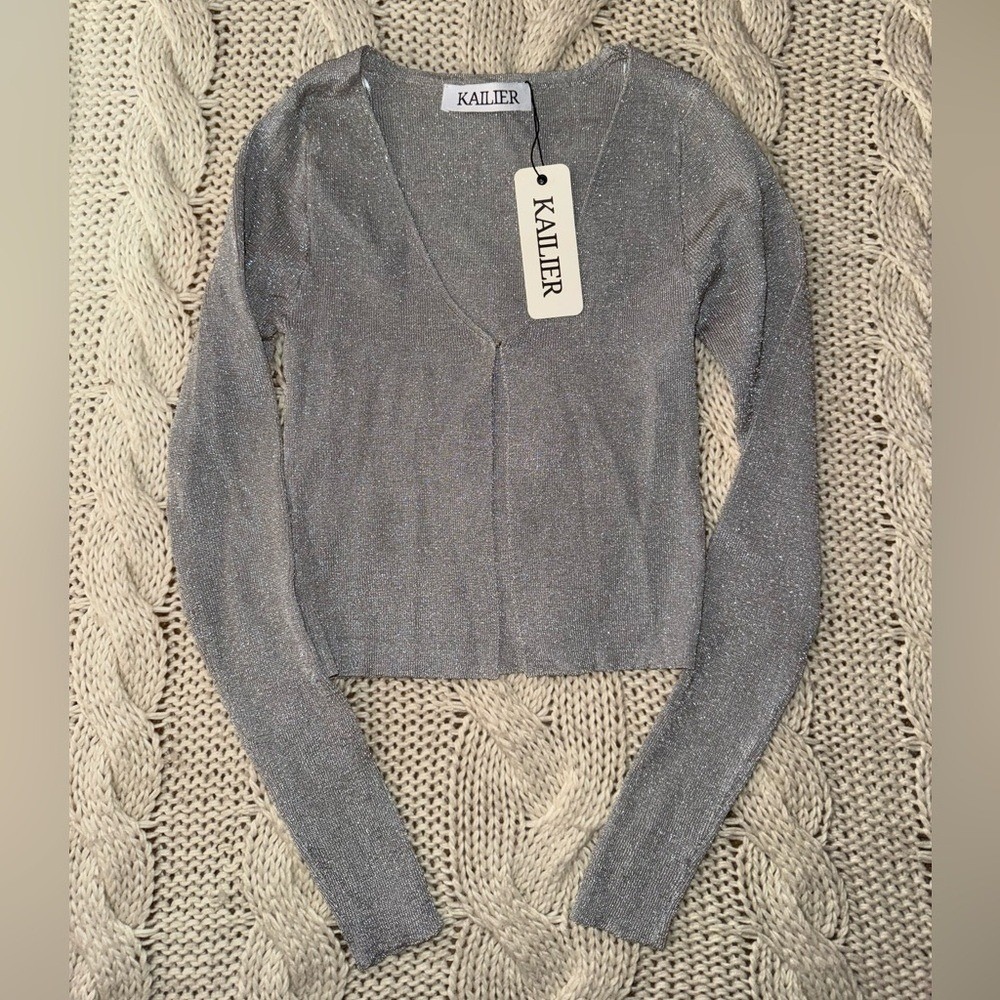 Kailier Silver metallic Long Sleeve‎ Sweater New